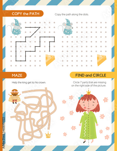 Activity page for kids - maze, find missing path, copy the path. Game set worksheet with wizard, princess, king. Vector illustration.
