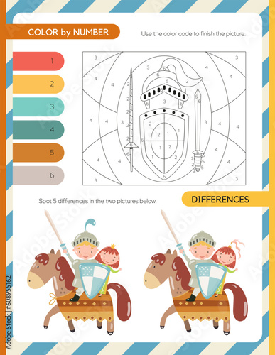 Activity page for kids – find differences, color by number. Game set worksheet with knights characters – knights, princess, horse. Vector illustration.