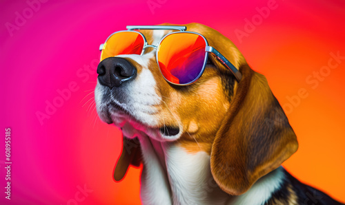 A cyberpunk Beagle dog wearing sunglasses on a colourful background © STORYTELLER AI