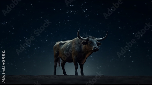 A bull with horns is shown in front of a black background..generative ai