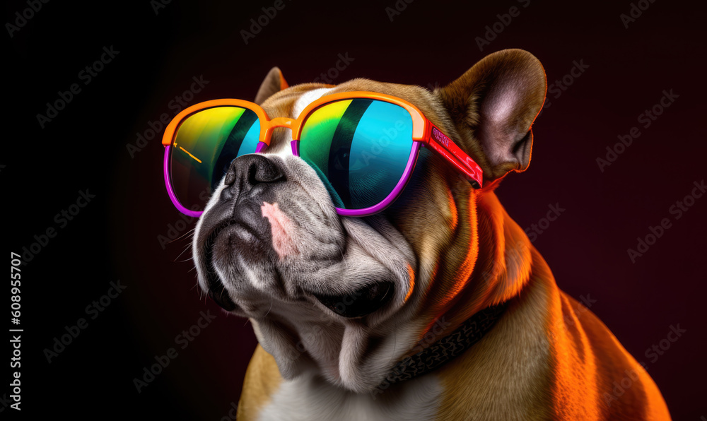 A cyberpunk Pitbull dog wearing sunglasses and dressed in neon-colored clothes, exudes a futuristic vibe.