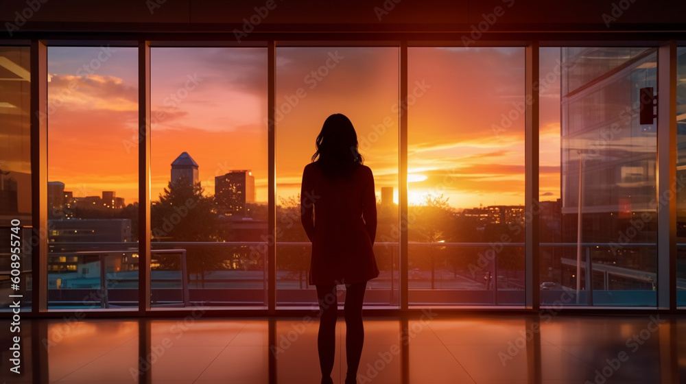 A woman looks out of a window at sunset.generative ai