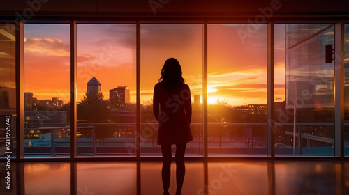 A woman looks out of a window at sunset.generative ai © S...