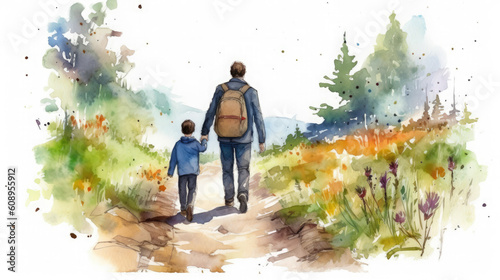 Dad and son walk along the path in nature. Tourist trip together. Fathers day concept. Generative AI photo