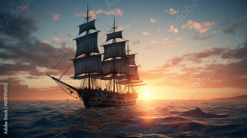 A sailing ship at sunset. Generative Ai