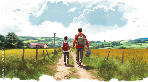 Dad and son walk along the path in nature. Tourist trip together. Fathers day concept. Generative AI photo