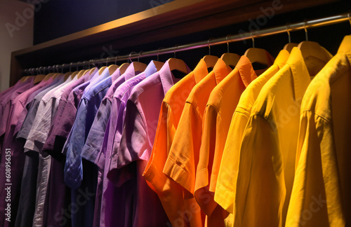 several purple colored shirts in a store