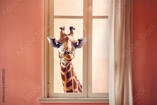 A laughing giraffe peers into a house window, the concept of curiosity and interest, AI generation