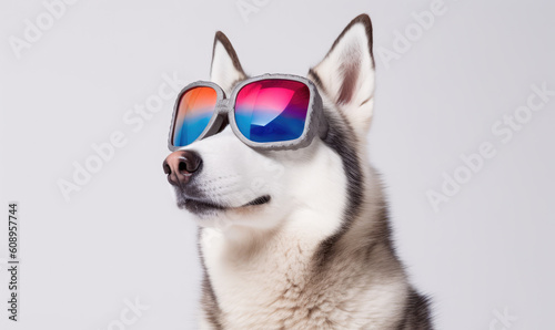 A cyberpunk Siberian Husky  dog wearing neon sunglasses .