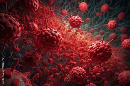 3d image of red color virus cells connect with healthy human cells Generative AI