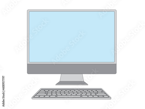 Computer and keyboard. Workplace. Monitor with blank screen. Vector illustration isolated on white background