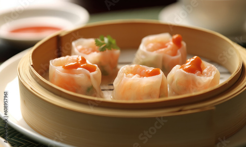 Steamed Gyoza or dumpling stuffed ground meat dipping with garlic soy sauce, famous Chinese appetiser.