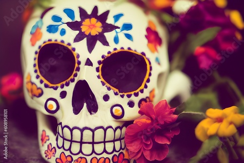 Halloween Sugar Skull With Colorful Flowers Illustration Generative AI 