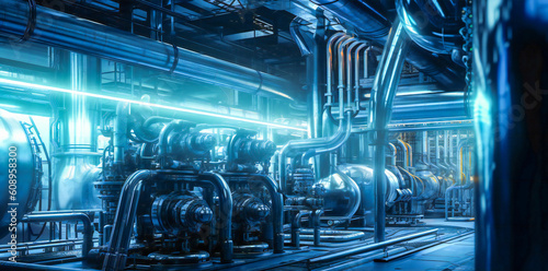 Illustration of an advanced industrial setup with pipes, blue lights and high tech elements. Future industry concept. Created with Generative AI technology.