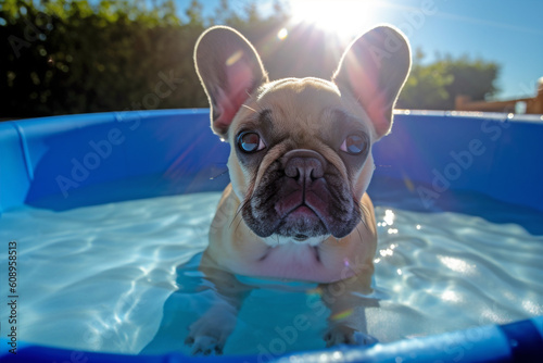 French Bulldog dog in paddling pool with water in summer. Generative AI illustration