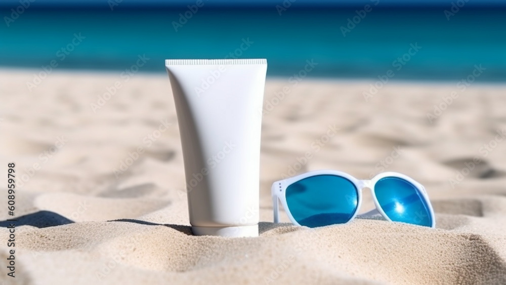 Summer vacation and skin care concept, spf uv-protect cosmetic products with Generative AI.