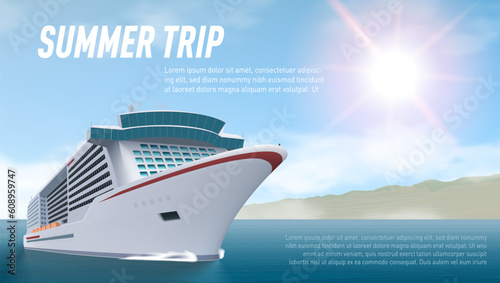White Cruise Liner On Sea Or Ocean. Travel Concept