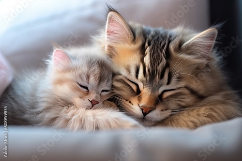 Cute Siberian Cat with The Kitten In A Sleep