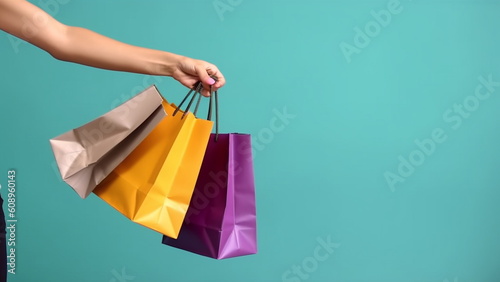 Hand of business woman hold shopping bag with Generative AI.