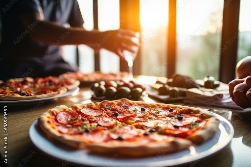 unrecognizable person taking a slice of pizza, AI Generated