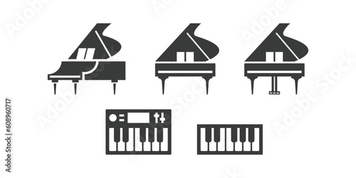 Piano flat web icon set. Grand piano, keyboard, synthesizer logo design. Keyboard instrument simple grand piano sign silhouette solid black icon vector design. Musical instruments concept