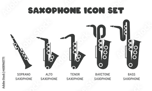 Types of saxophone flat web icon set. Saxophone logo design. Soprano, alto, tenor, baritone, bass saxophone types sign silhouette solid black icon vector design. Musical instruments concept