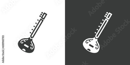 Sitar flat web icon. Traditional Indian sitar logo design. String instrument simple sitar sign silhouette icon with invert color. Sitar solid black icon vector design. Musical instruments concept