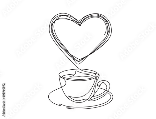 One continuous single line of hand drawn with cup of coffee decorated with heart symbol isolated on white background.