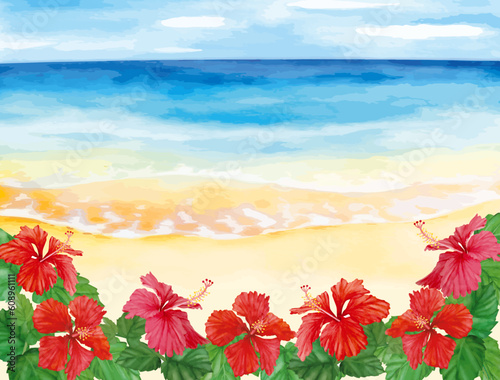 水彩で描いたハイビスカスと浜辺