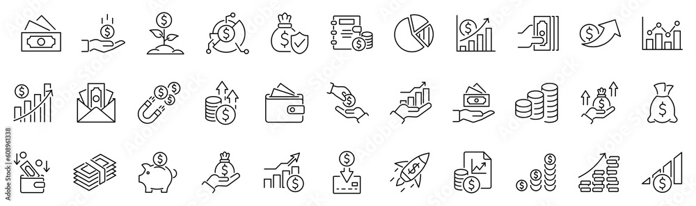 Set of line icon related to income, salary, money, business. Outline icon collection. Editable stroke. Vector illustration - obrazy, fototapety, plakaty 