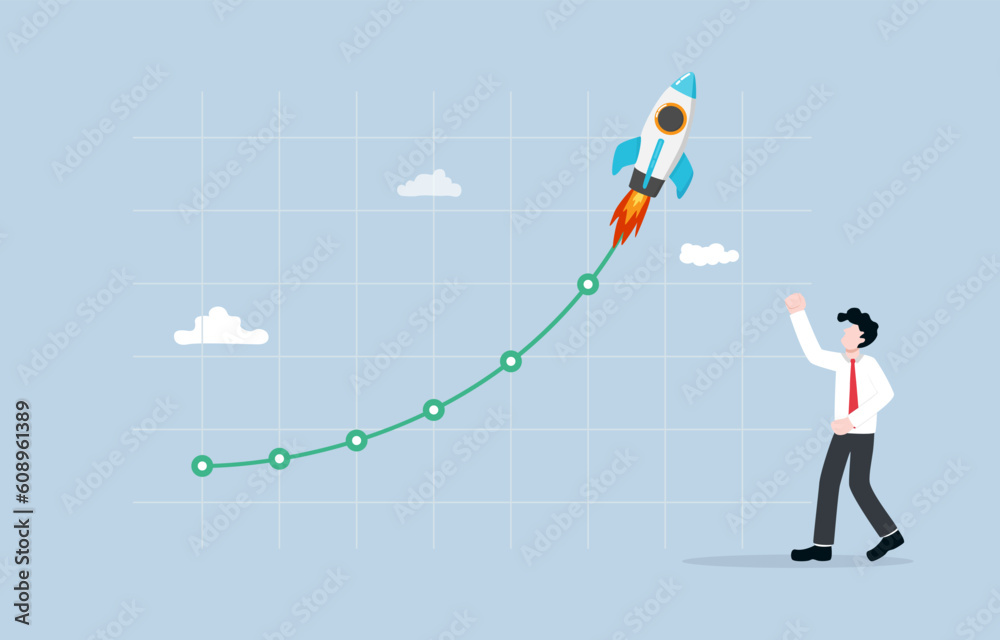 Rapid business growth, massive sales of products, skyrocketed profit, company earning or financial gain concept, Cheerful businessman with exponential graph.