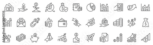 Set of line icon related to income, salary, money, business. Outline icon collection. Editable stroke. Vector illustration photo