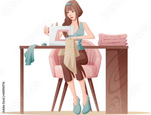 Seamstress for tailoring. The dressmaker sews clothes on a sewing machine. Stylish illustration. Needlework, hobby, sewing studio