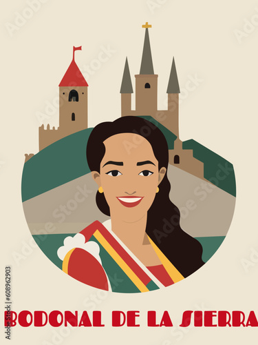 Bodonal de la Sierra: Beautiful vintage-styled poster with a woman and the name Bodonal de la Sierra in Extremadura