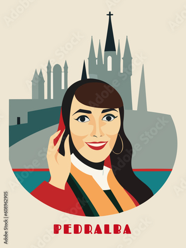 Pedralba: Beautiful vintage-styled poster with a woman and the name Pedralba in Valencia