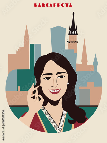 Barcarrota: Beautiful vintage-styled poster with a woman and the name Barcarrota in Extremadura