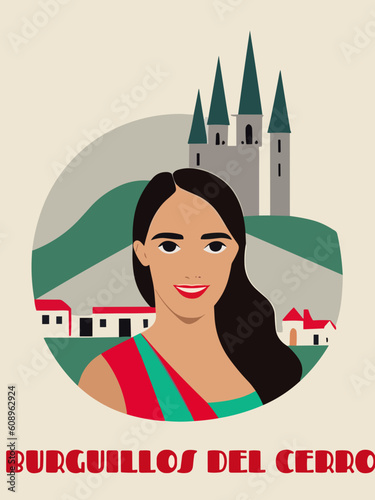 Burguillos del Cerro: Beautiful vintage-styled poster with a woman and the name Burguillos del Cerro in Extremadura