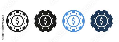 Dollar for Gamble Play Pictogram. Betting Chip for Poker Black and Color Icons Set. Fortune Bet, Gambling Game Symbol Collection. Casino Currency, Poker Money Sign. Isolated Vector Illustration