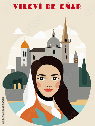 Viloví de Oñar: Beautiful vintage-styled poster with a woman and the name Viloví de Oñar in Catalonia