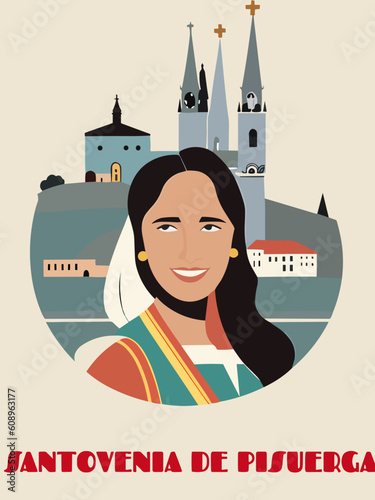 Santovenia de Pisuerga: Beautiful vintage-styled poster with a woman and the name Santovenia de Pisuerga in Castille-Leon