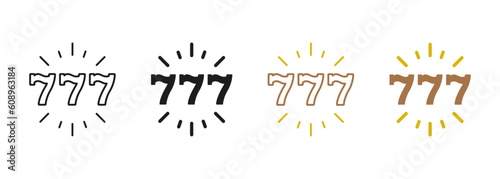 777 Jackpot Line and Silhouette Black Icon Set. Luck in Fruit Slot Machine. Gambling Play. 777 Lucky and Win Lottery Symbol Collection. Isolated Vector Illustration