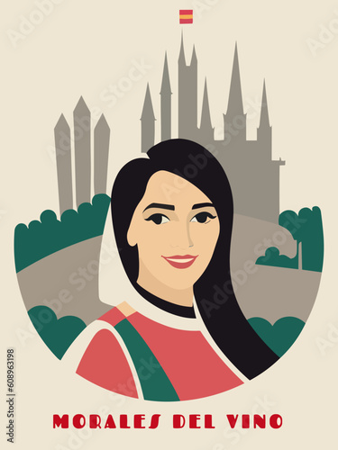 Morales del Vino: Beautiful vintage-styled poster with a woman and the name Morales del Vino in Castille-Leon
