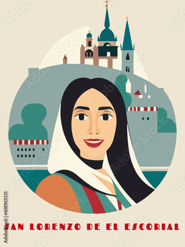 San Lorenzo de El Escorial: Beautiful vintage-styled poster with a woman and the name San Lorenzo de El Escorial in Madrid
