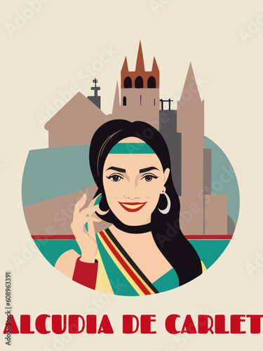 Alcudia de Carlet: Beautiful vintage-styled poster with a woman and the name Alcudia de Carlet in Valencia photo