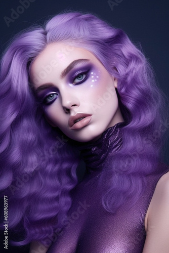 A woman with purple hair and purple makeup Generative AI