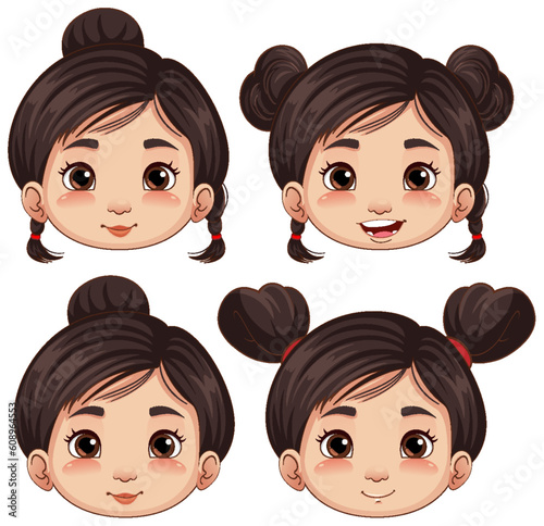 Set of Asian cute girl faces