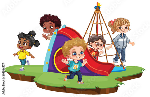Children with different race playing at the playground slide