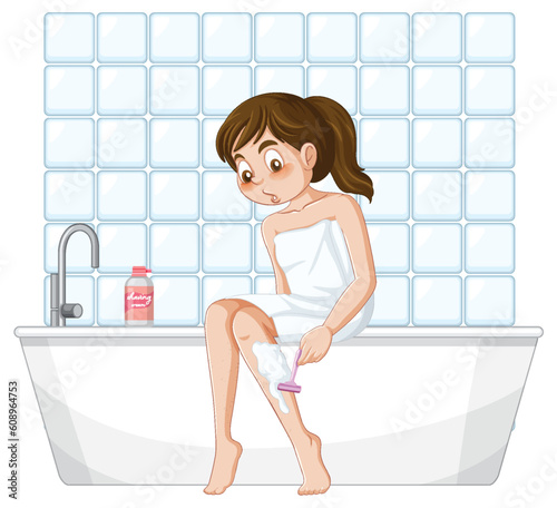 A female teen shaving leg in the bathroom