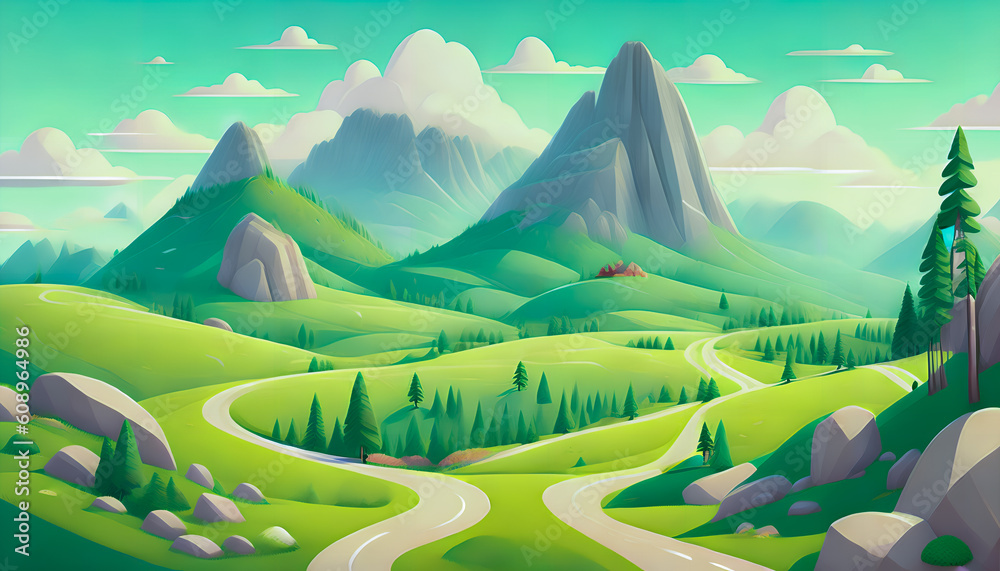 A Mountain Landscape with Surrounding Rocks. Abundant Greenery. Blue Sky. Enchanting Atmosphere. Generative AI