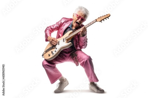 Extravagant cool funky old singer playing the guitar created with Generative AI technology